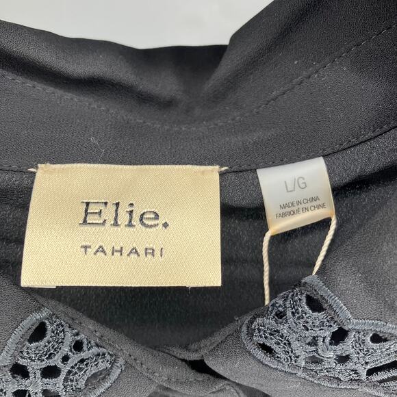 NWT ELIE TAHARI Black Lace Inset Collared Button Blouse Long Sleeve Large - Picture 3 of 5